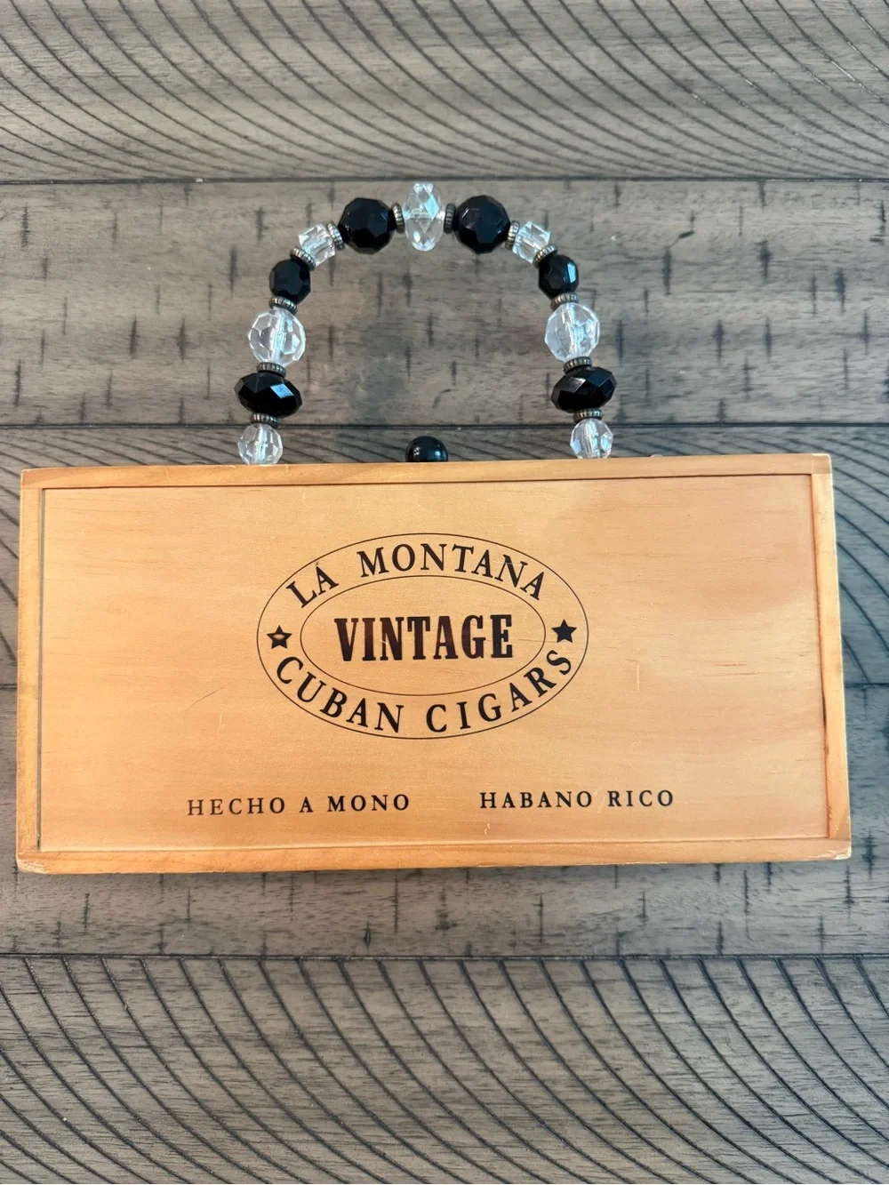 Vintage La Montana Cuban Cigars Wooden Box Beaded Handle Leopard Handbag